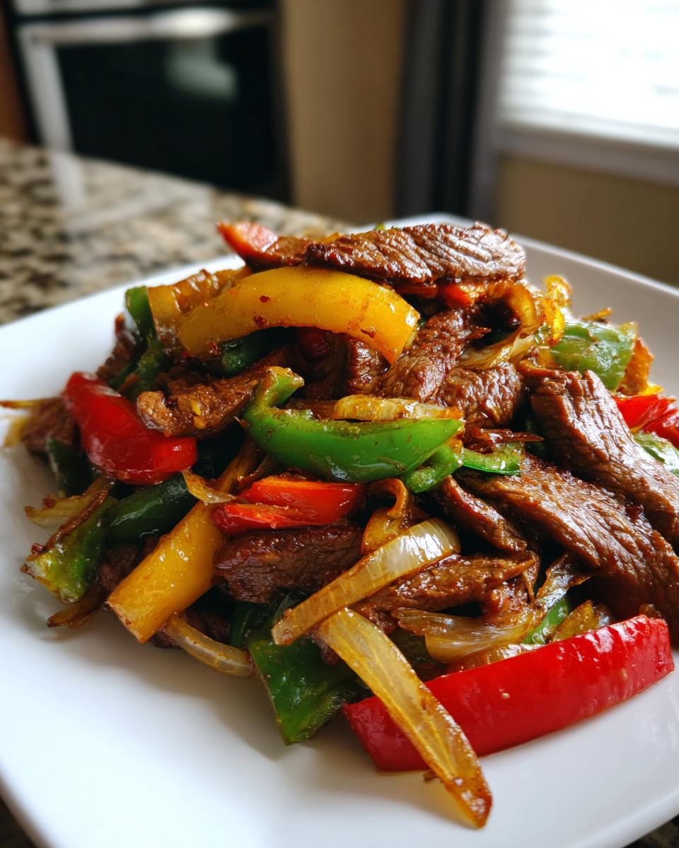 Close-up of sizzling steak fajitas mixture featuring strips of seasoned beef, red, green, and yellow bell peppers, and caramelized onions on a white plate.
