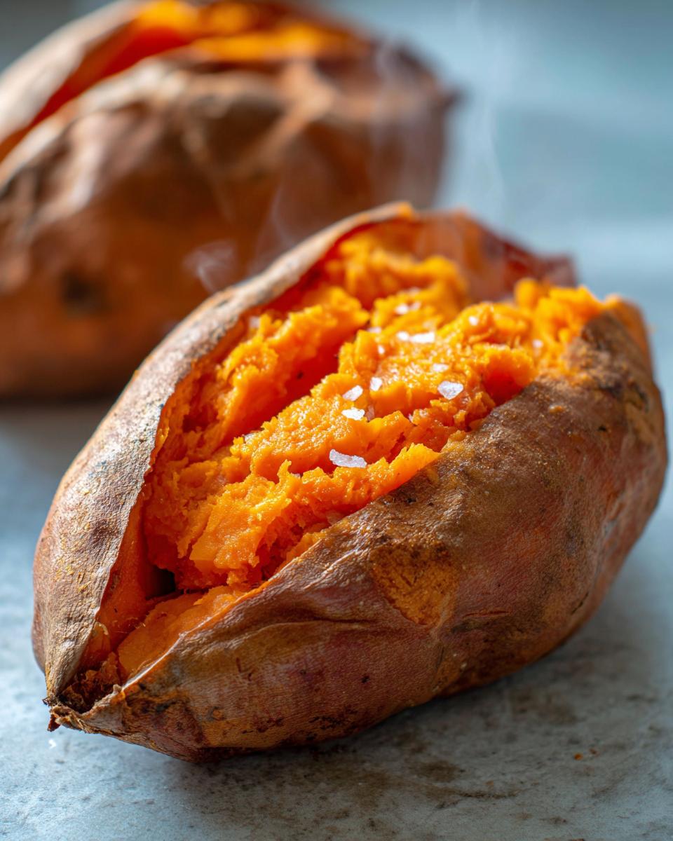 Close-up of a perfectly baked sweet potato, split open to show fluffy orange flesh topped with flaky sea salt.