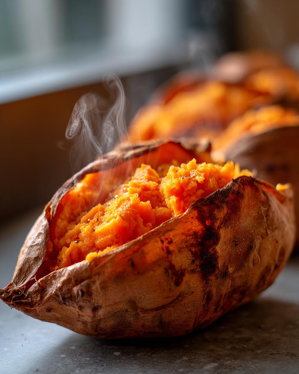 Close-up of a perfectly baked sweet potato, split open with steam rising from the fluffy orange interior.