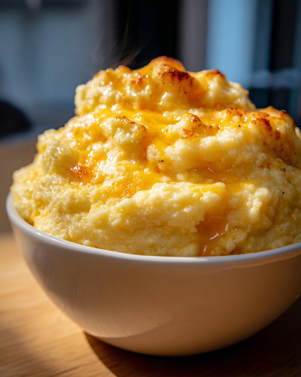 Close-up of a steaming white bowl filled with creamy, yellow cheese grits topped with melted, slightly browned cheese.