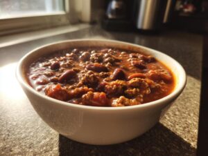A close-up of a steaming white bowl filled with rich, hearty high protein chili featuring ground meat and kidney beans.