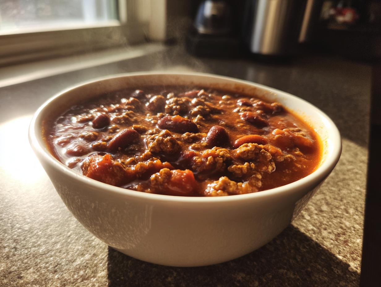 A close-up of a steaming white bowl filled with rich, hearty high protein chili featuring ground meat and kidney beans.