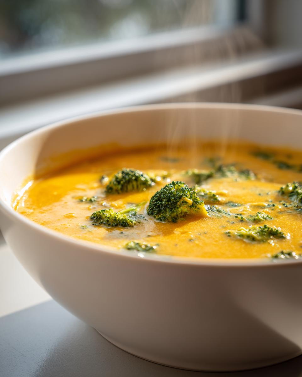 Close-up of a steaming white bowl filled with rich, orange broccoli cheddar soup topped with florets.