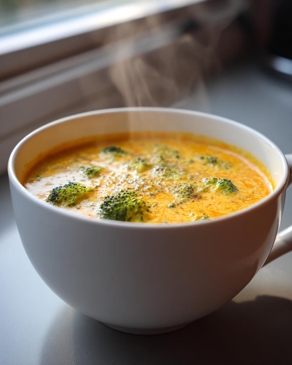 Close-up of a steaming white bowl filled with rich, orange broccoli cheddar soup, topped with fresh broccoli florets and pepper.
