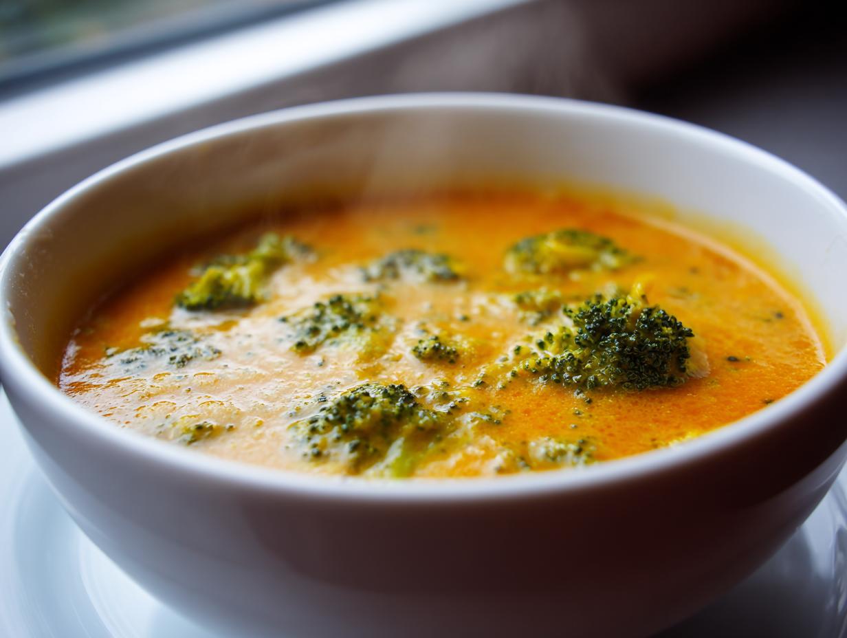 Close-up of a steaming white bowl filled with vibrant orange broccoli cheddar soup, featuring florets of green broccoli.