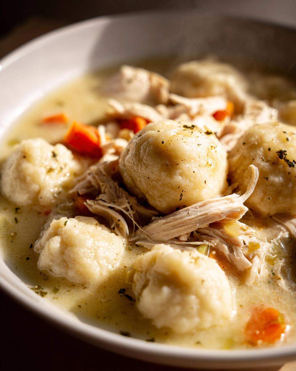 Close-up of a steaming bowl of chicken and dumpling soup, featuring fluffy dumplings, shredded chicken, and carrots in a creamy broth.