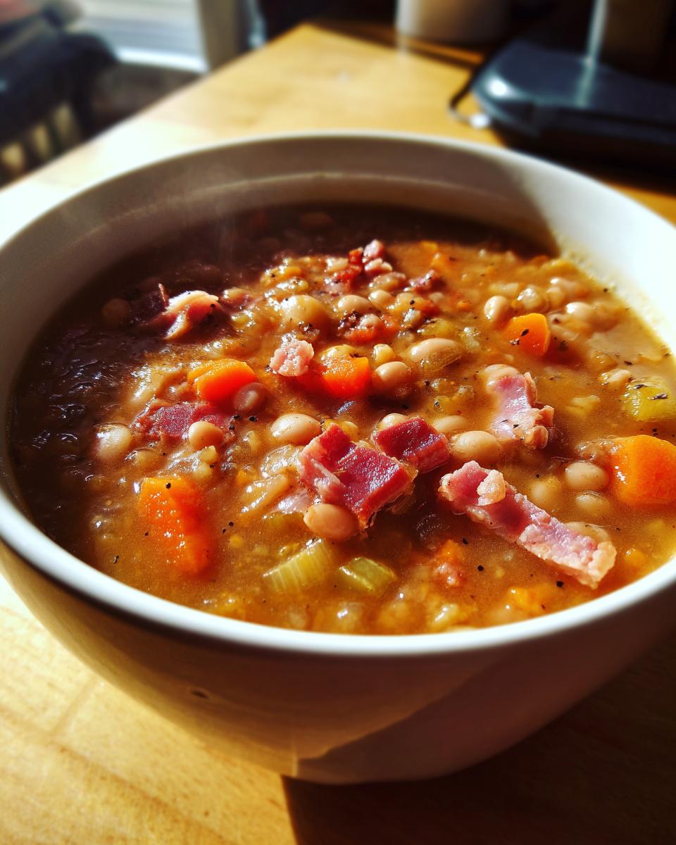 Close-up of a steaming white bowl filled with rich Ham and bean soup, showing white beans, diced carrots, celery, and chunks of ham.