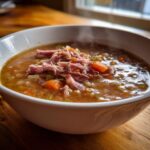 Close-up of a steaming white bowl filled with hearty Ham and bean soup, topped with shredded ham and carrots.