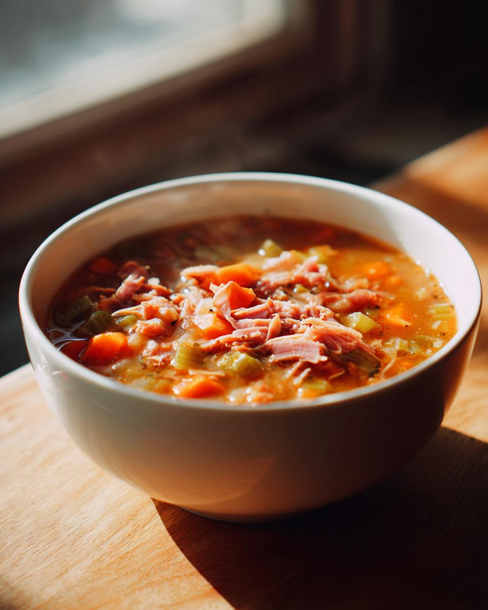 A close-up of a steaming white bowl filled with hearty Ham and bean soup, featuring shredded ham, carrots, and celery.