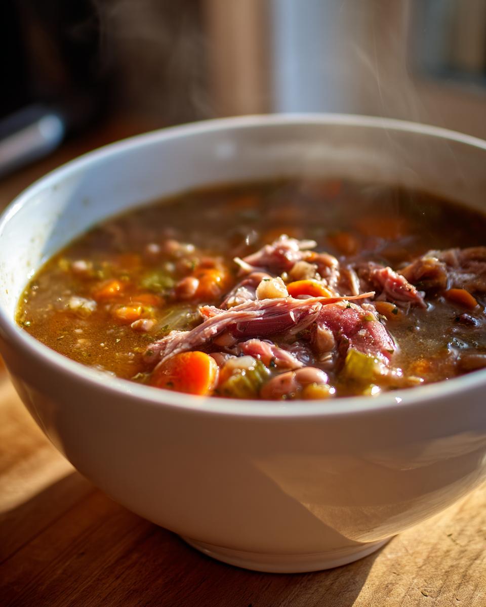 Close-up of a steaming white bowl filled with rich Ham and Bean Soup, showing shredded ham, carrots, and beans.