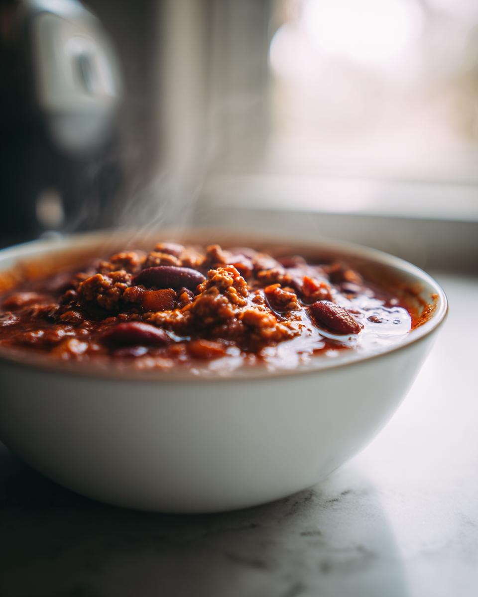 Close-up of a steaming white bowl filled with rich, red high protein chili featuring ground meat and kidney beans.