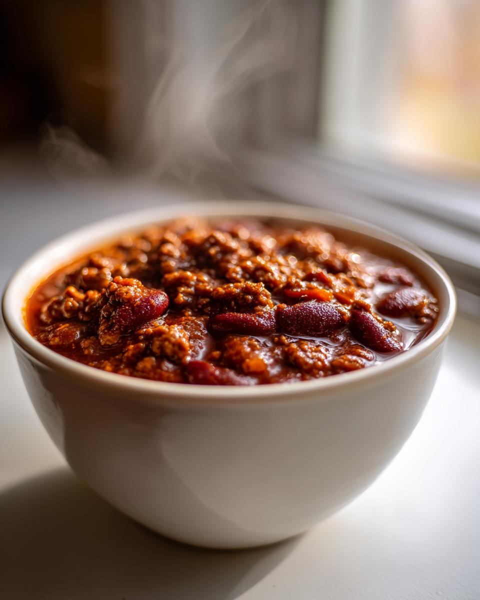 Close-up of a steaming white bowl filled with rich, hearty high protein chili featuring ground meat and kidney beans.
