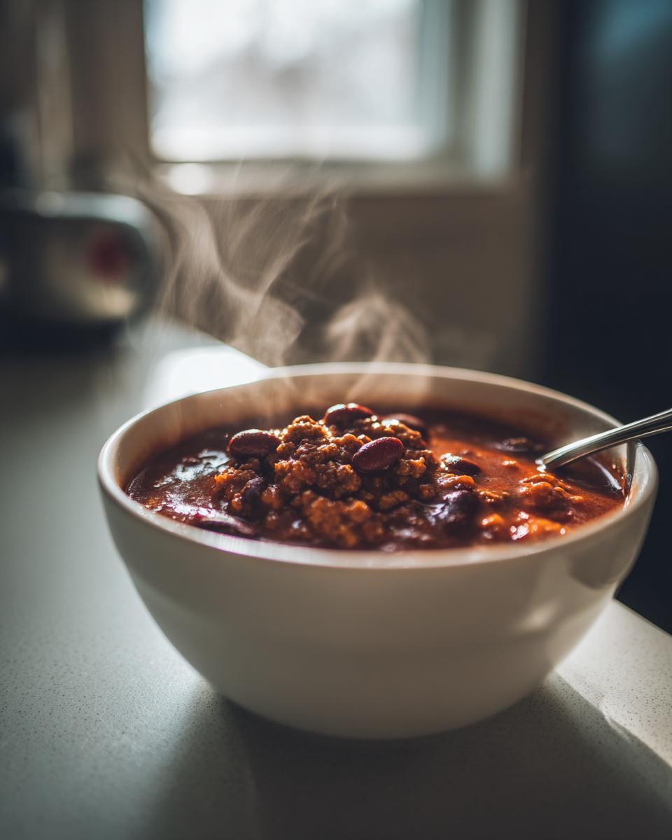A steaming white bowl filled with rich, hearty high protein chili featuring ground meat and kidney beans.