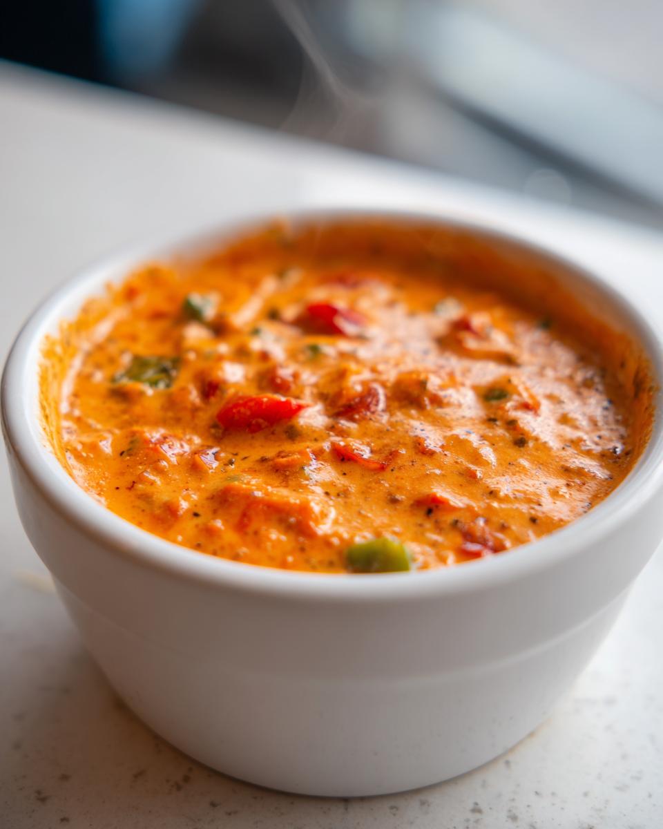 Close-up of steaming hot, creamy orange rotel dip with visible chunks of tomato and green chilies in a white serving bowl.