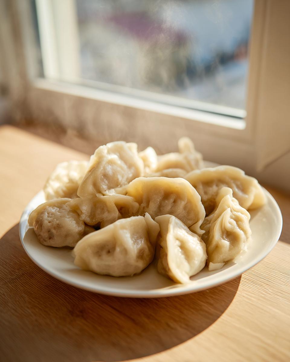 A plate of hot, steaming Traditional Chinese Dumplings sitting on a wooden surface near a bright window.