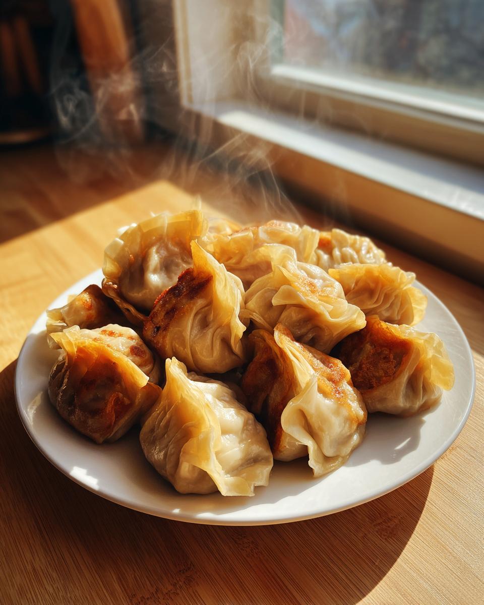 A plate of freshly cooked, steaming Traditional Chinese Dumplings with golden-brown bottoms resting on a wooden surface near a window.