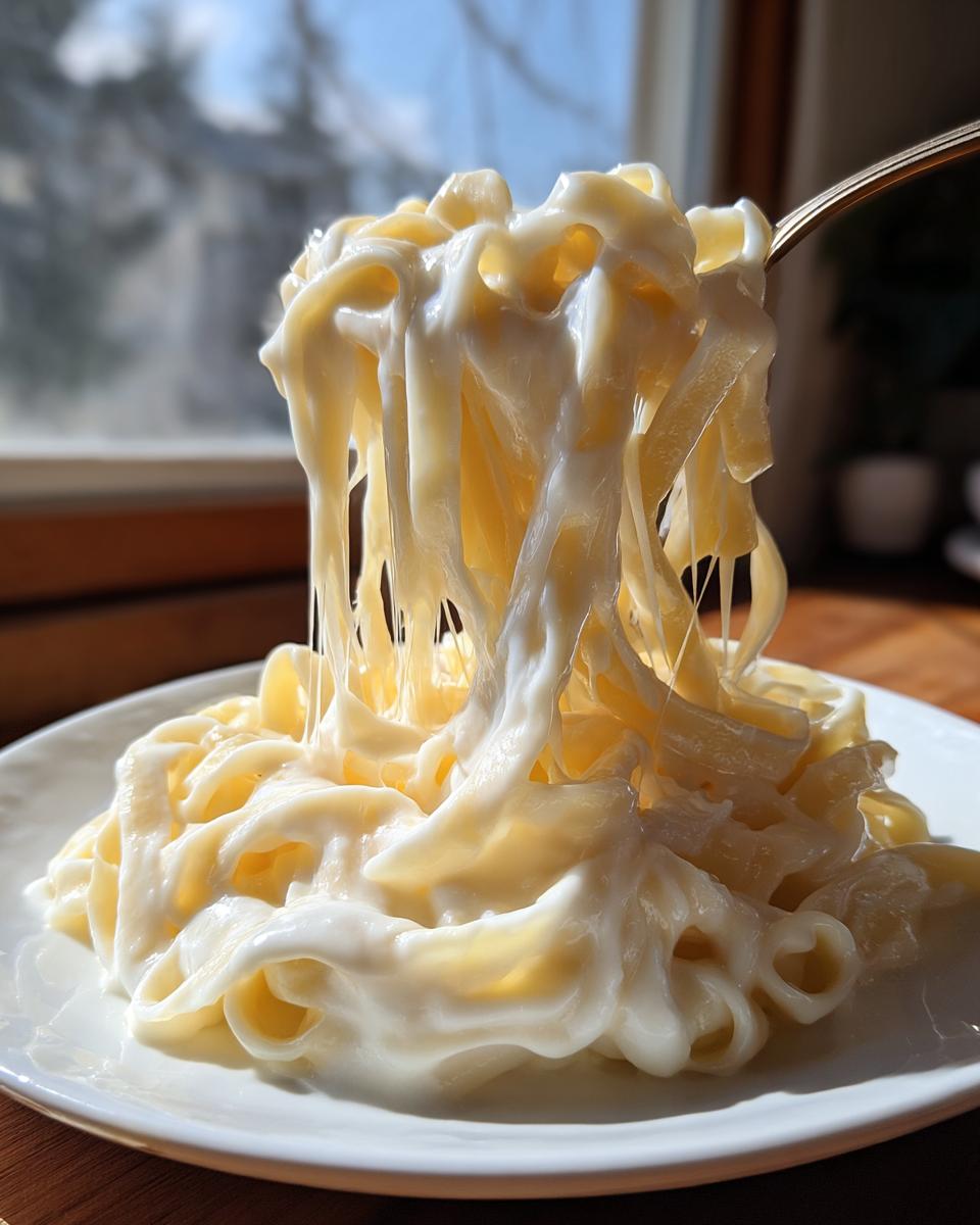 A fork lifts fettuccine noodles heavily coated in creamy homemade alfredo sauce, showing a rich, cheesy stretch.