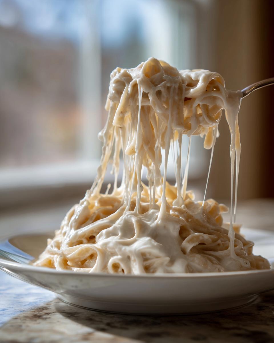 A fork lifting fettuccine noodles coated heavily in thick, creamy homemade alfredo sauce, showing long, stretchy cheese pulls.