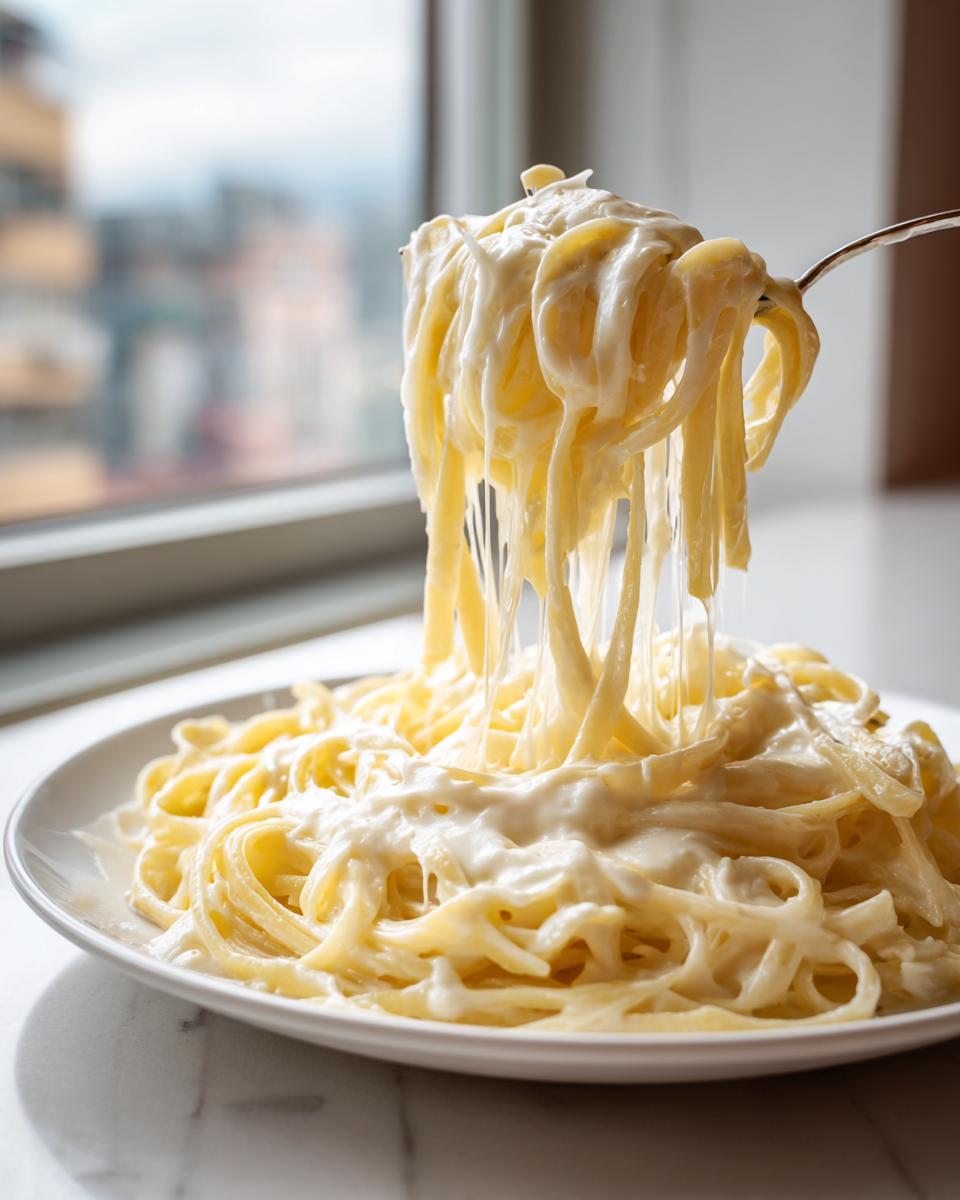 A fork lifting fettuccine noodles coated in creamy homemade alfredo sauce, showing a rich cheese pull over a plate.