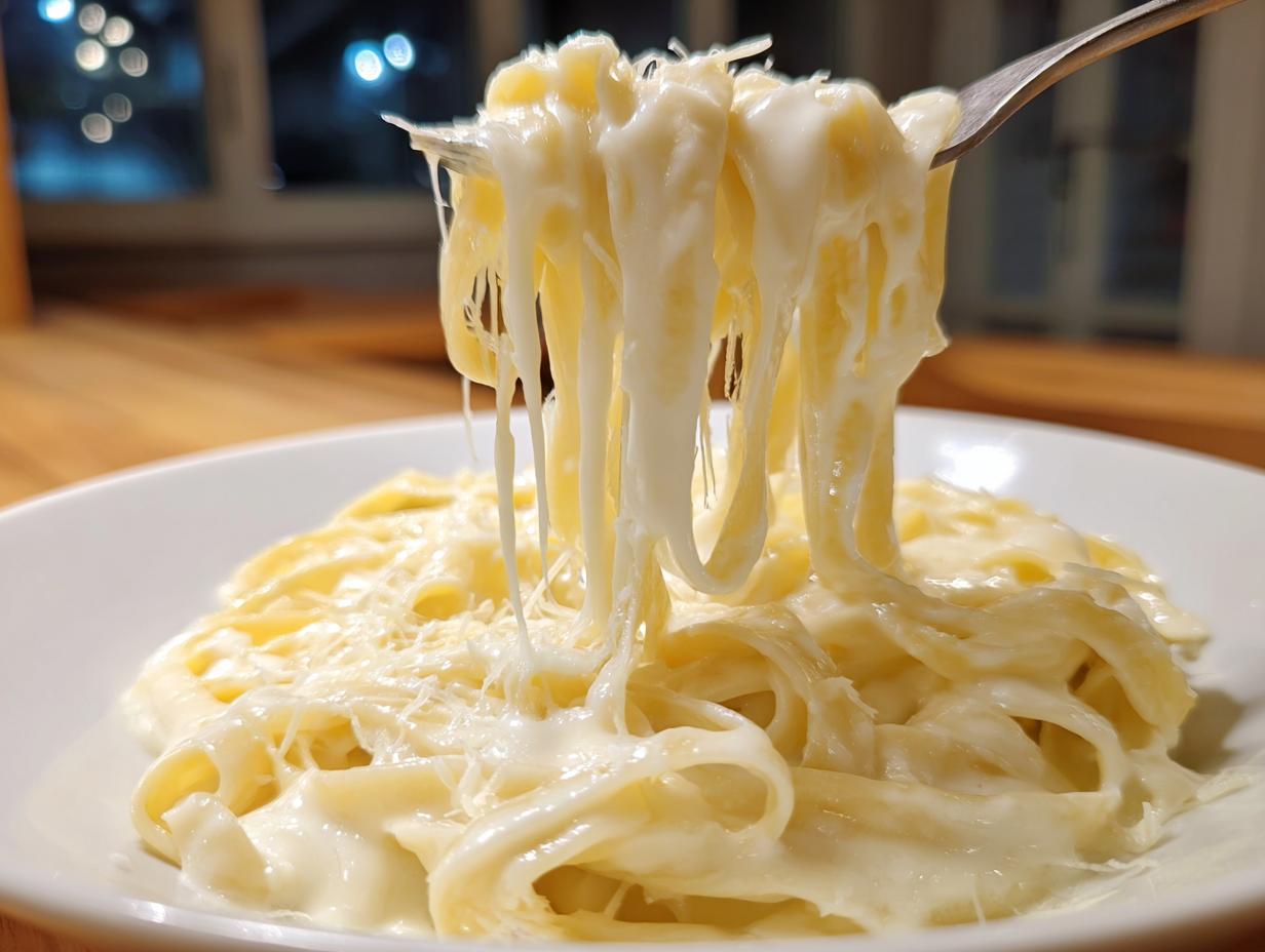Close-up of fettuccine pasta being lifted by a fork, coated in rich, creamy homemade alfredo sauce with cheese pull.