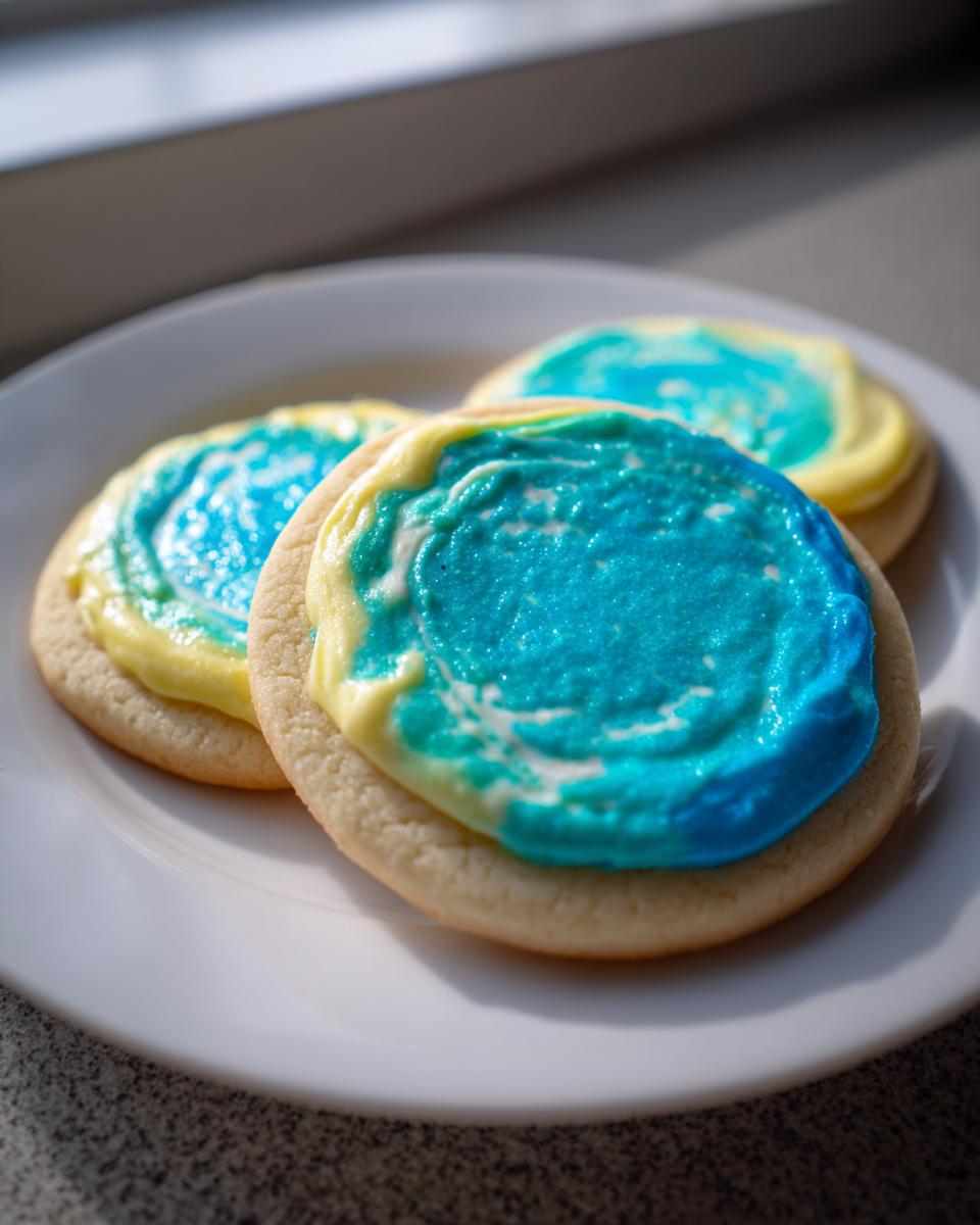 Three sugar cookies topped with vibrant blue and yellow swirl sugar cookie icing recipe, sitting on a white plate.