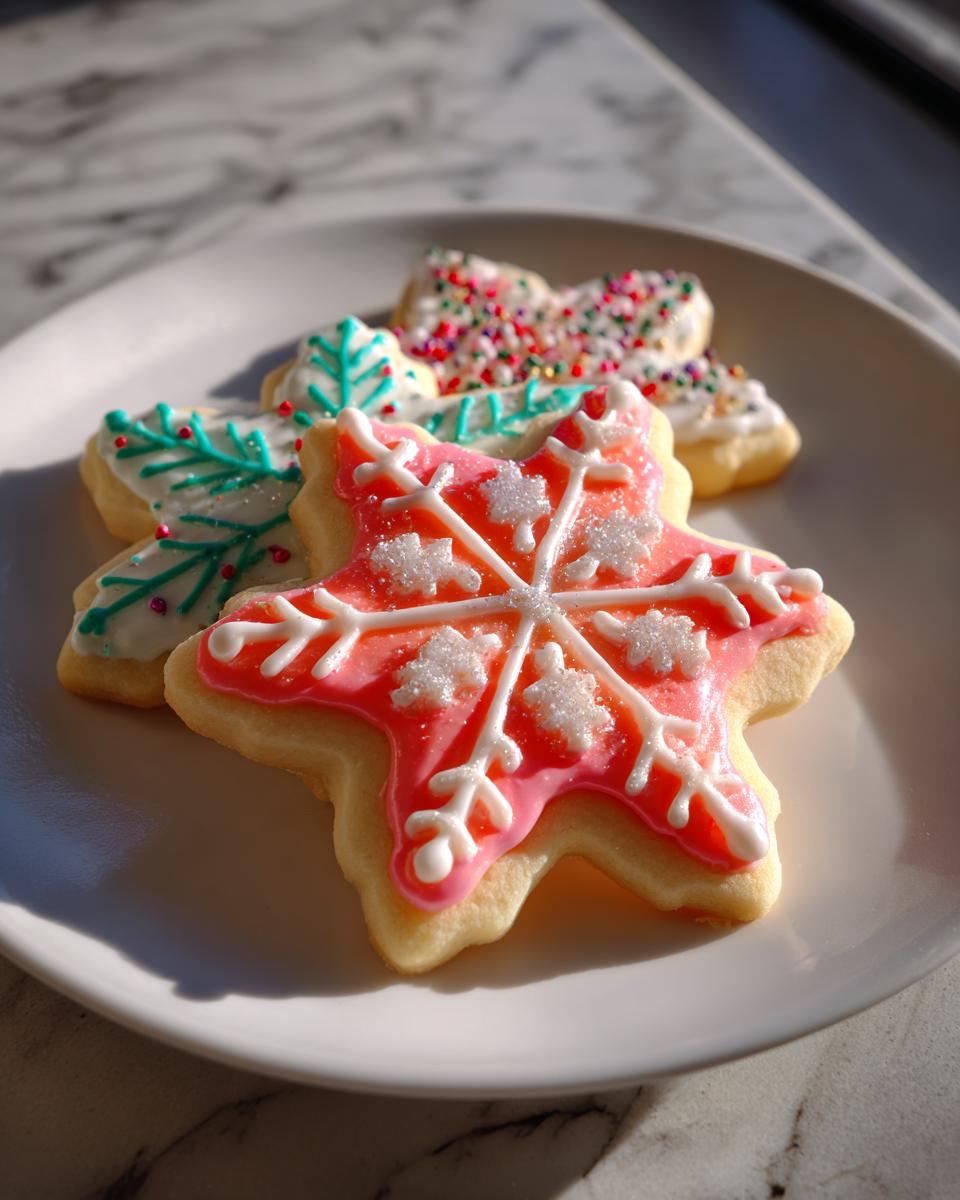 Close-up of decorated sugar cookies featuring a pink snowflake design made with a great hardening sugar cookie icing recipe.