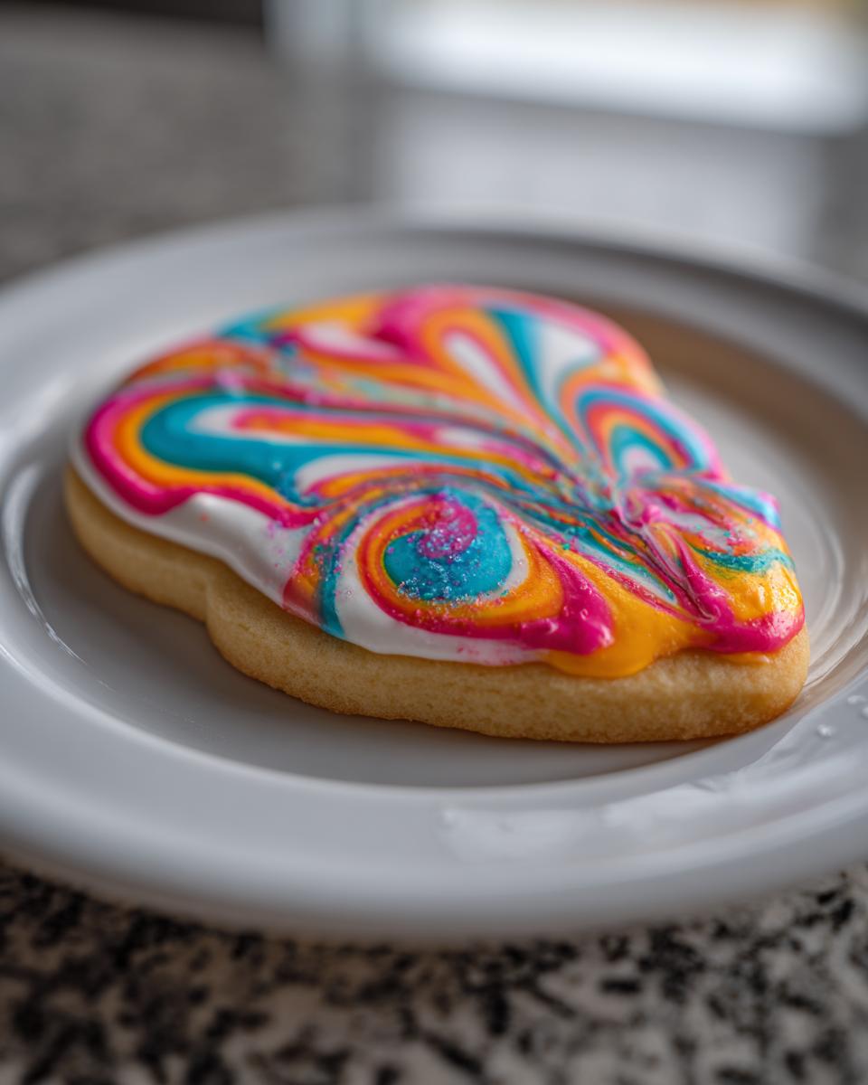 A sugar cookie topped with vibrant, multi-colored swirl icing made from the 5 minute sugar cookie icing recipe.