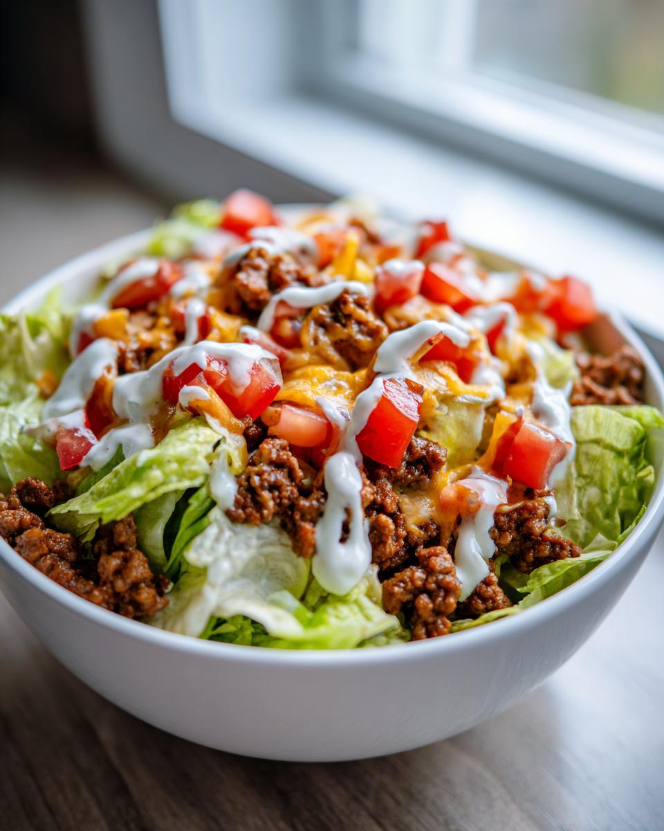 Close-up of a fresh taco salad in a white bowl, featuring seasoned ground beef, lettuce, tomatoes, cheese, and sour cream drizzle.