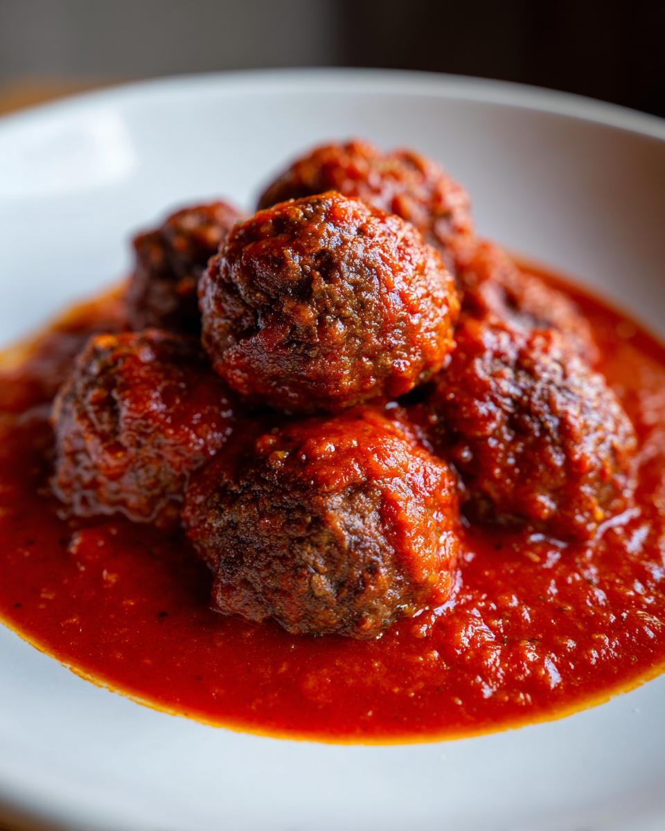 A close-up, appetizing shot of several tender Italian meatballs submerged in a rich, thick red tomato sauce.