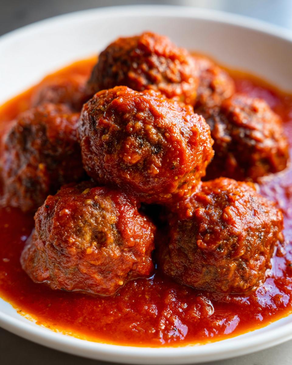 Close-up view of several tender Italian meatballs simmering deeply in rich, bright red tomato sauce.
