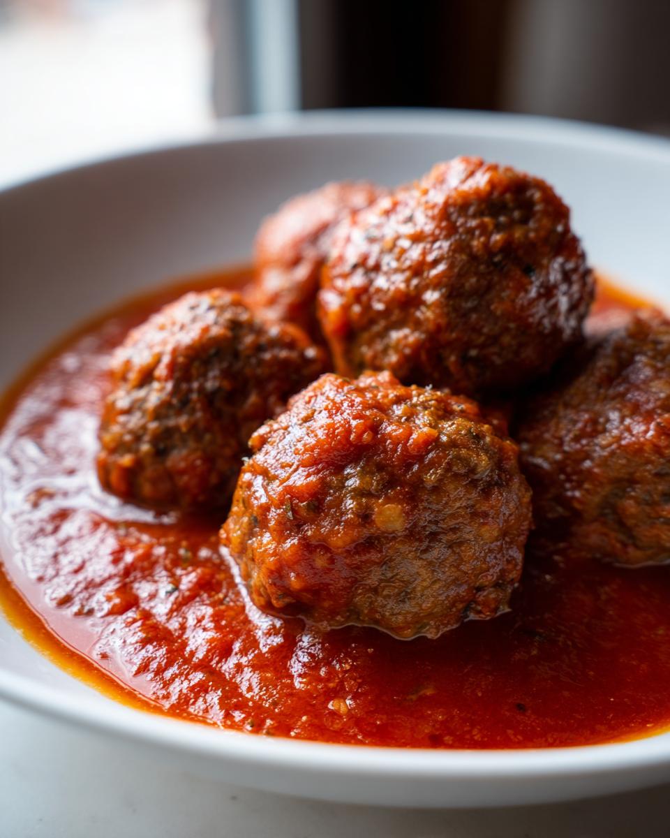 Close-up of several tender Italian meatballs simmering in rich, bright red tomato sauce in a white bowl.