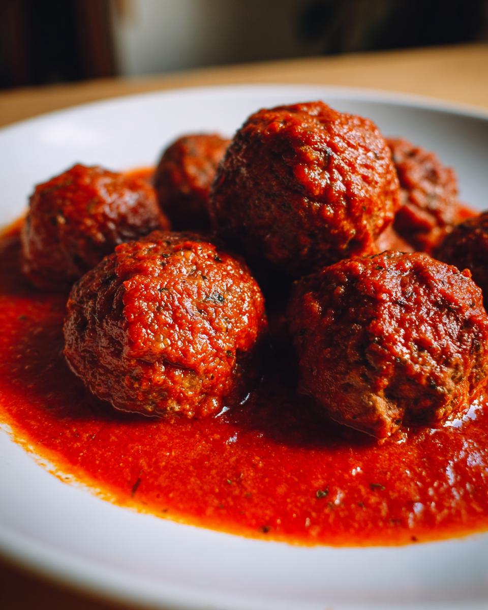 Close-up of several tender Italian meatballs completely coated in a thick, rich red tomato sauce on a white plate.