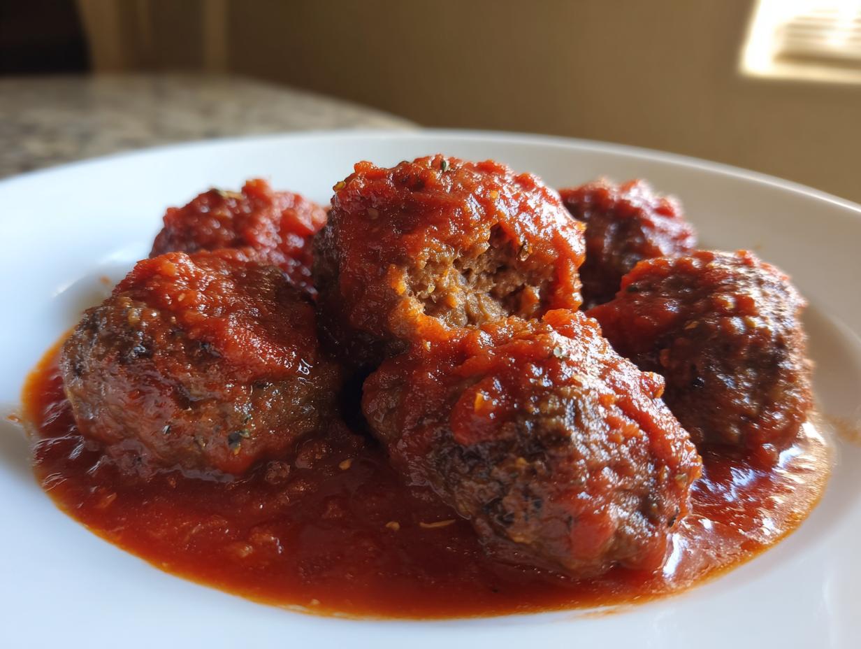 Close-up of several tender Italian meatballs covered in thick, bright red tomato sauce on a white plate.