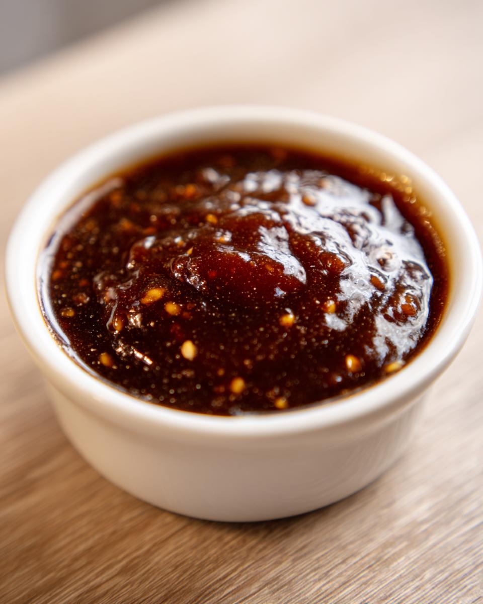 Close-up of thick, glossy homemade teriyaki sauce with visible sesame seeds in a small white bowl.