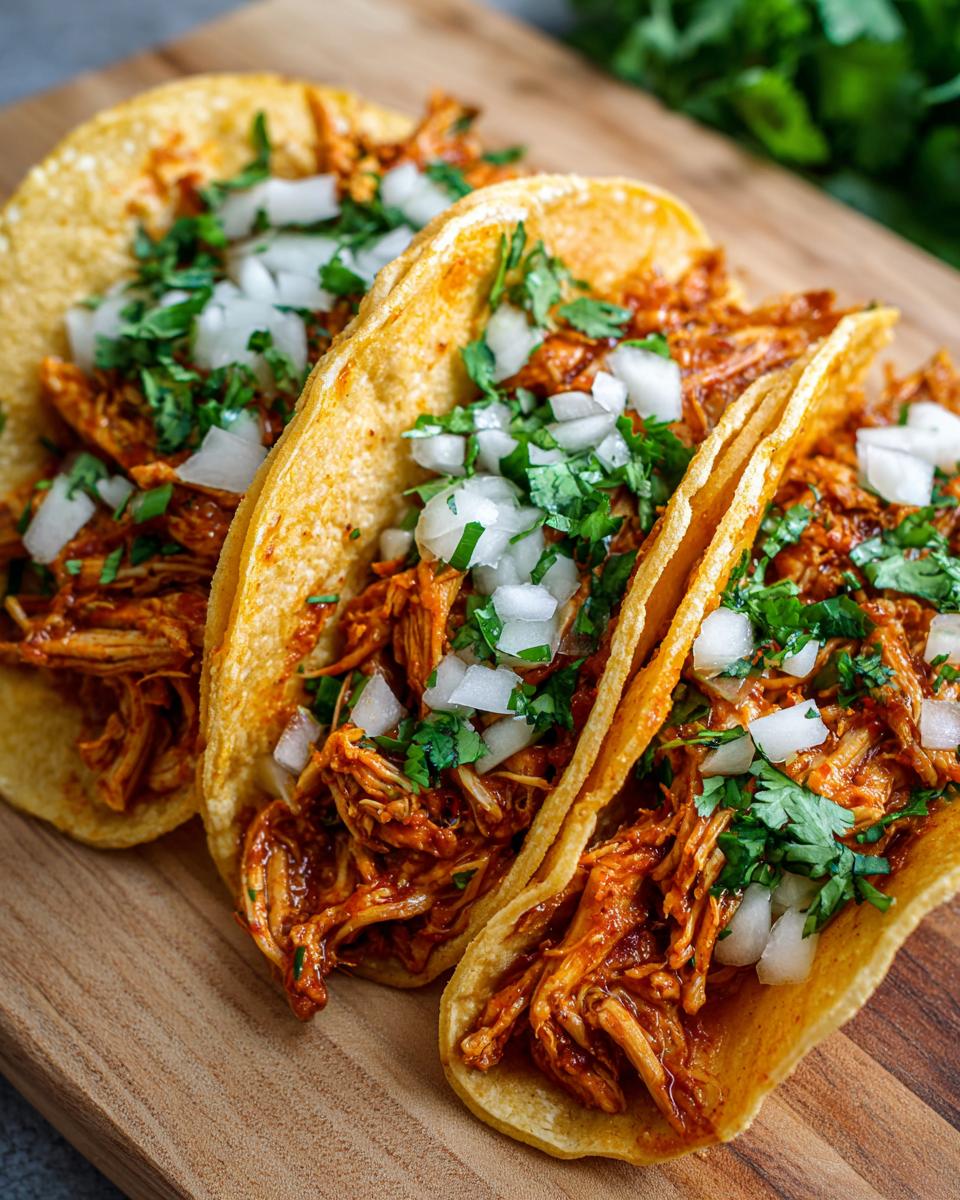 Three vibrant chicken tacos filled with saucy shredded chicken, topped with diced white onion and fresh cilantro.