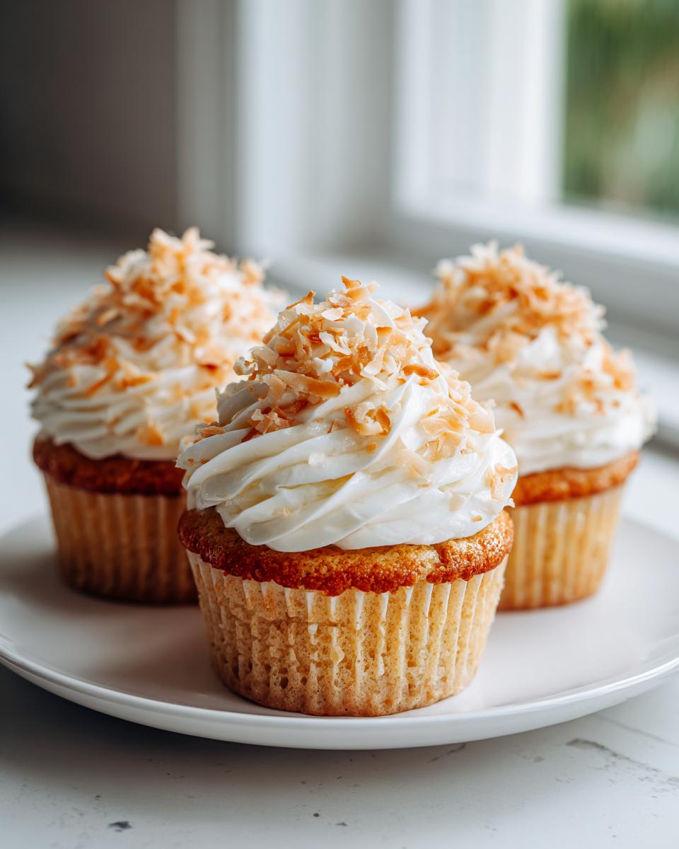 Three delicious coconut cupcakes topped with thick white frosting and toasted coconut flakes, sitting on a white plate.