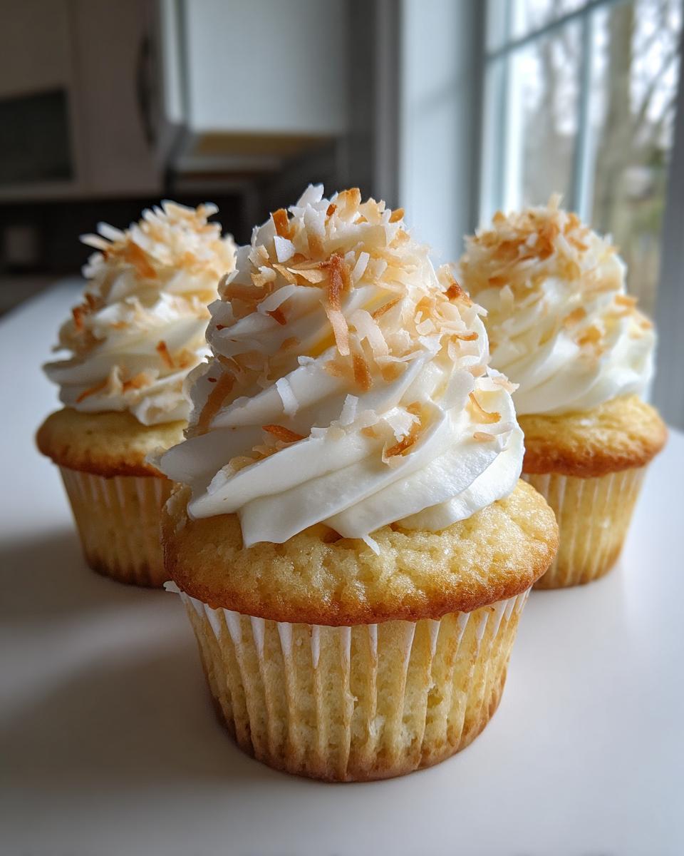Three delicious coconut cupcakes topped with white frosting and toasted coconut flakes.