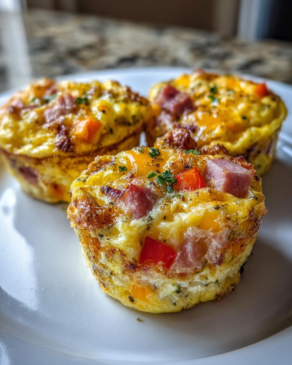Close-up of three golden-brown Egg Muffin Cups filled with ham, red pepper, and herbs on a white plate.