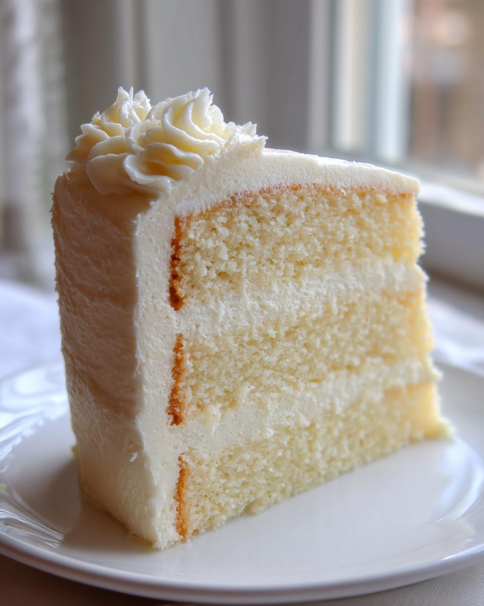 A perfect slice of three-layer vanilla cake recipe, showing moist crumb and white buttercream frosting.