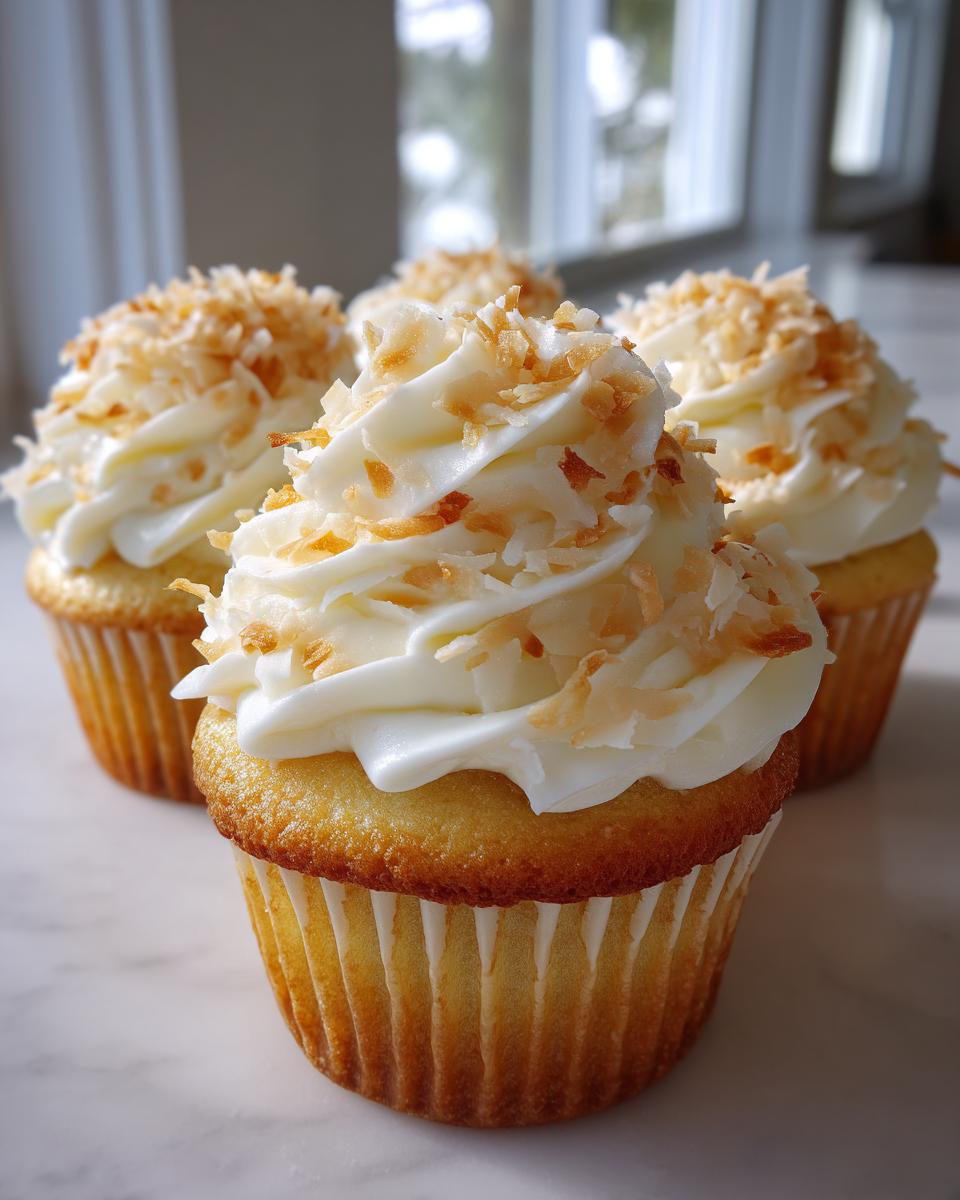 Four delicious coconut cupcakes topped with swirled white frosting and toasted coconut flakes.