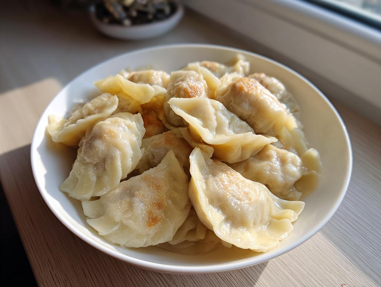 A white bowl filled with freshly cooked Traditional Chinese Dumplings, lightly browned on one side.