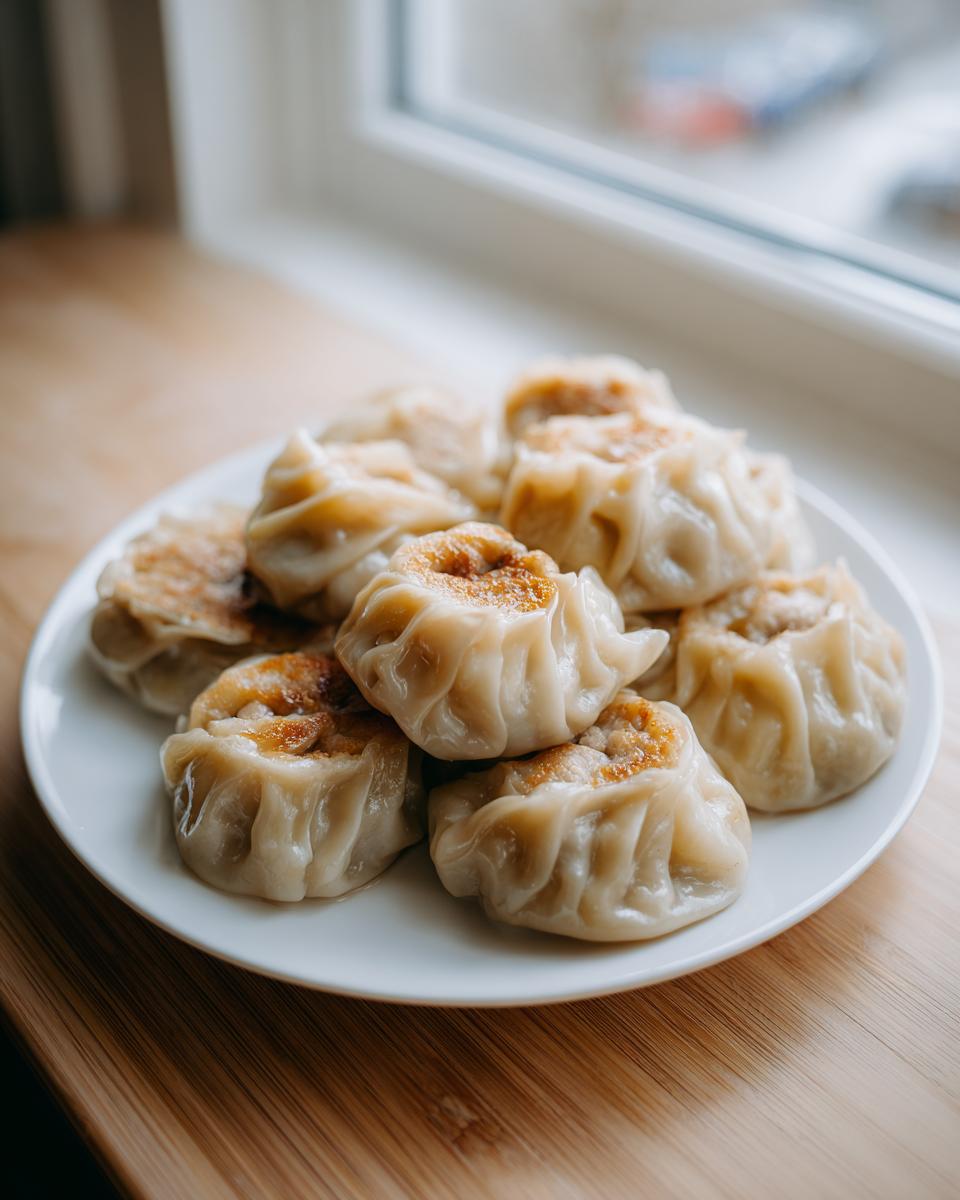 A plate piled high with freshly steamed Traditional Chinese Dumplings, lightly browned on top, sitting on a wooden surface.