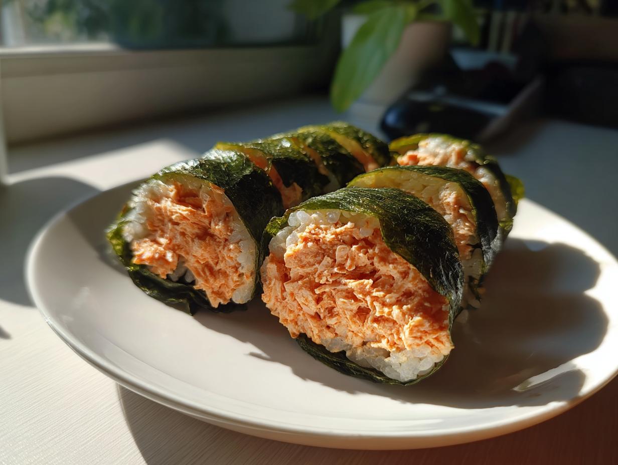Several slices of homemade tuna kimbap, featuring creamy orange filling wrapped in rice and nori, resting on a white plate.