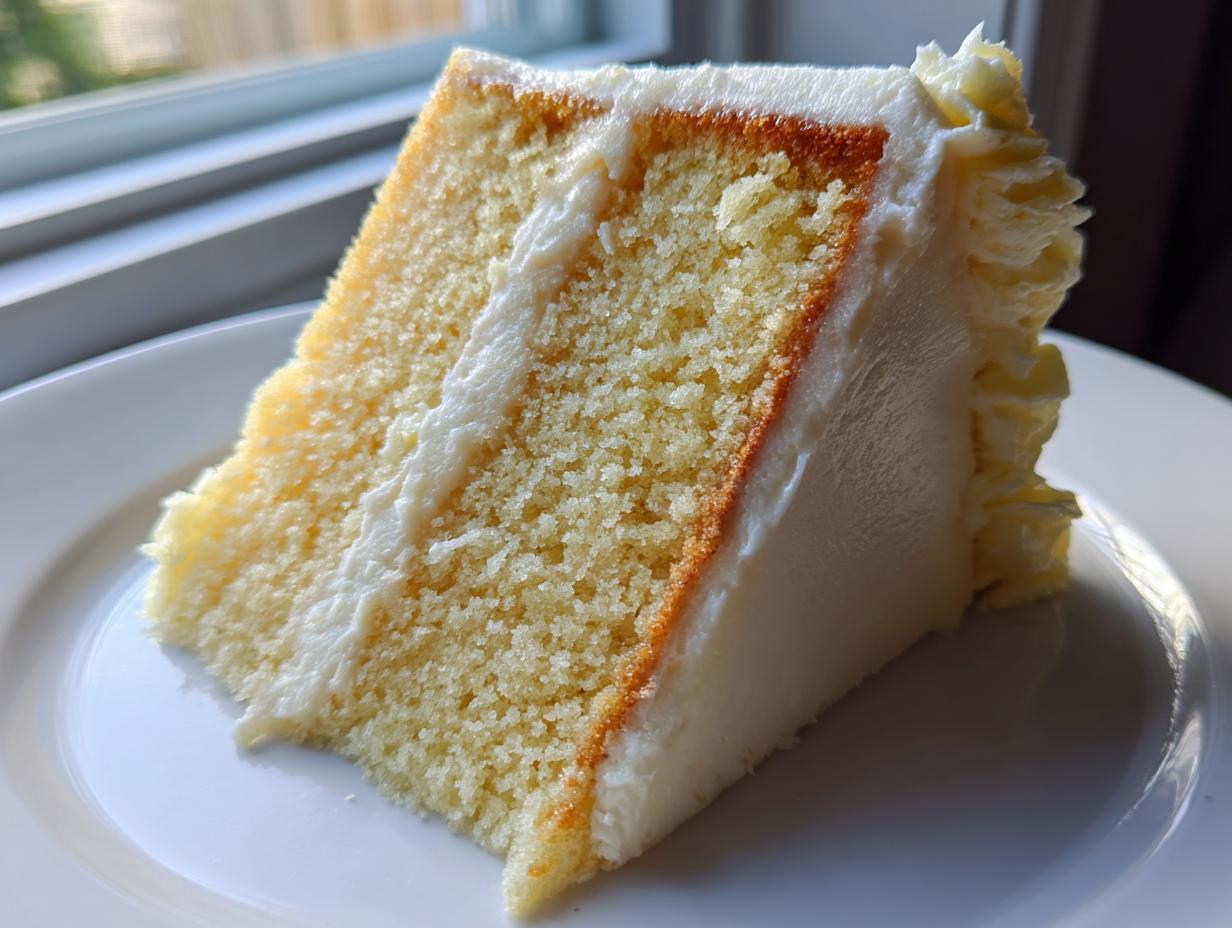 A close-up slice of moist vanilla cake recipe layered with white frosting, sitting on a white plate.