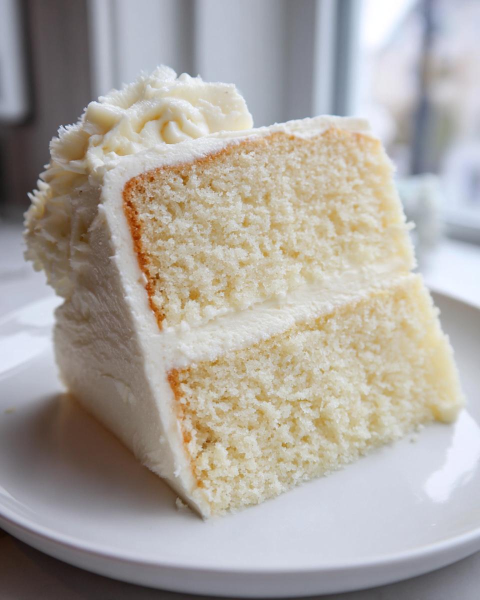 Close-up of a perfect slice of moist vanilla cake recipe showing two layers and rich white buttercream frosting.