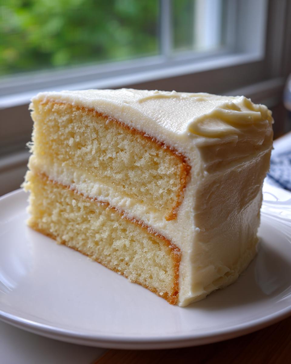 A perfect slice of moist vanilla cake recipe with two layers and thick white buttercream frosting.