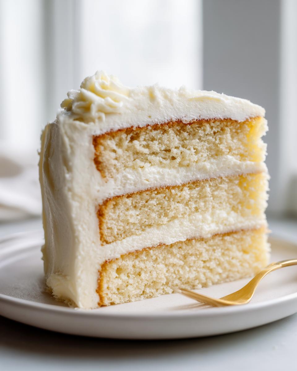 A tall slice of moist vanilla cake recipe with three layers and thick white buttercream frosting.