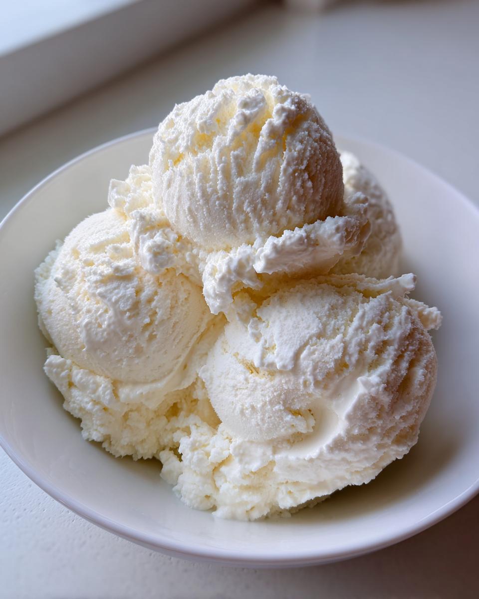Close-up of three generous scoops of creamy white protein ice cream served in a simple white bowl.