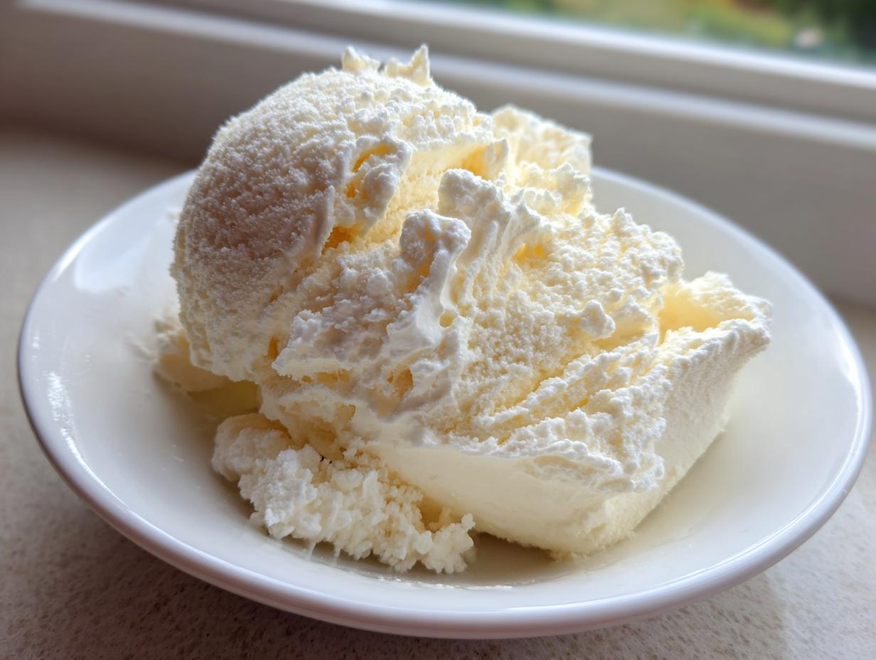 Close-up of scoops of creamy, pale yellow protein ice cream served in a small white bowl.
