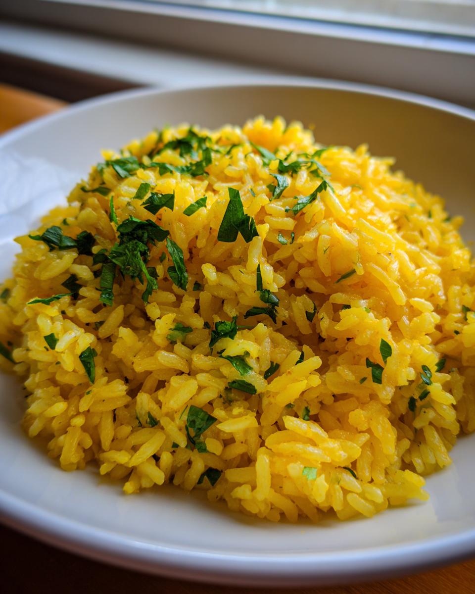 Close-up of fluffy, bright yellow mediterranean rice topped with fresh chopped parsley in a white bowl.